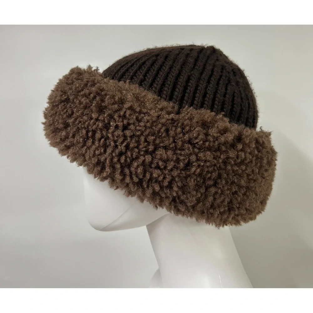 Aerie Faux Fur Trim Ribbed Beanie Hat One Size Brown Gorpcore Winter Cozy Hat